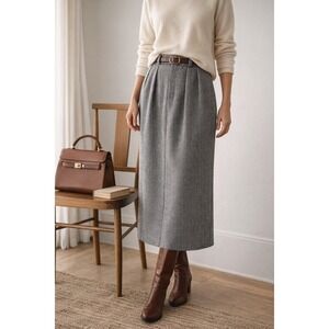 Barry Bricken Vintage Wool Houndstooth Midi Skirt Black White Pleated Size 4